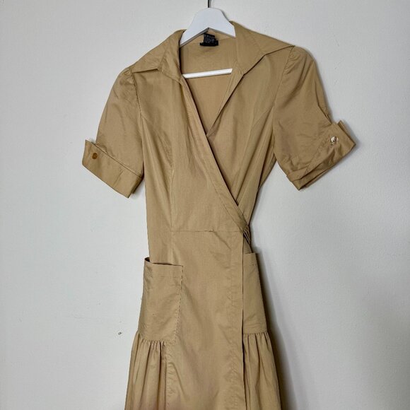 BOSTON PROPER | Khaki Poplin Wrap A-Line Dress - 4 - Picture 1 of 13